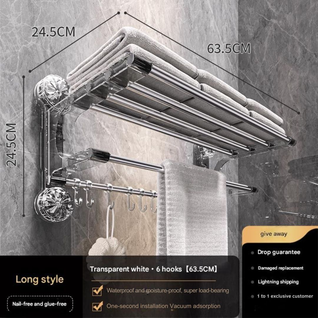 Suction Cup Wall-Mounted Towel Rack with Shelf & Hooks – No Drill
