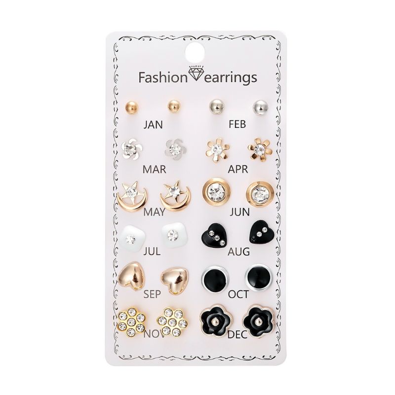 Elegant Crystal Flower Stud Earrings Set – 12 Pairs for Daily Wear