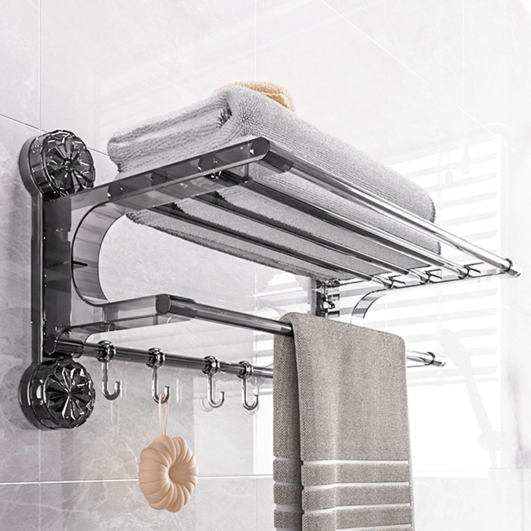 Suction Cup Wall-Mounted Towel Rack with Shelf & Hooks – No Drill
