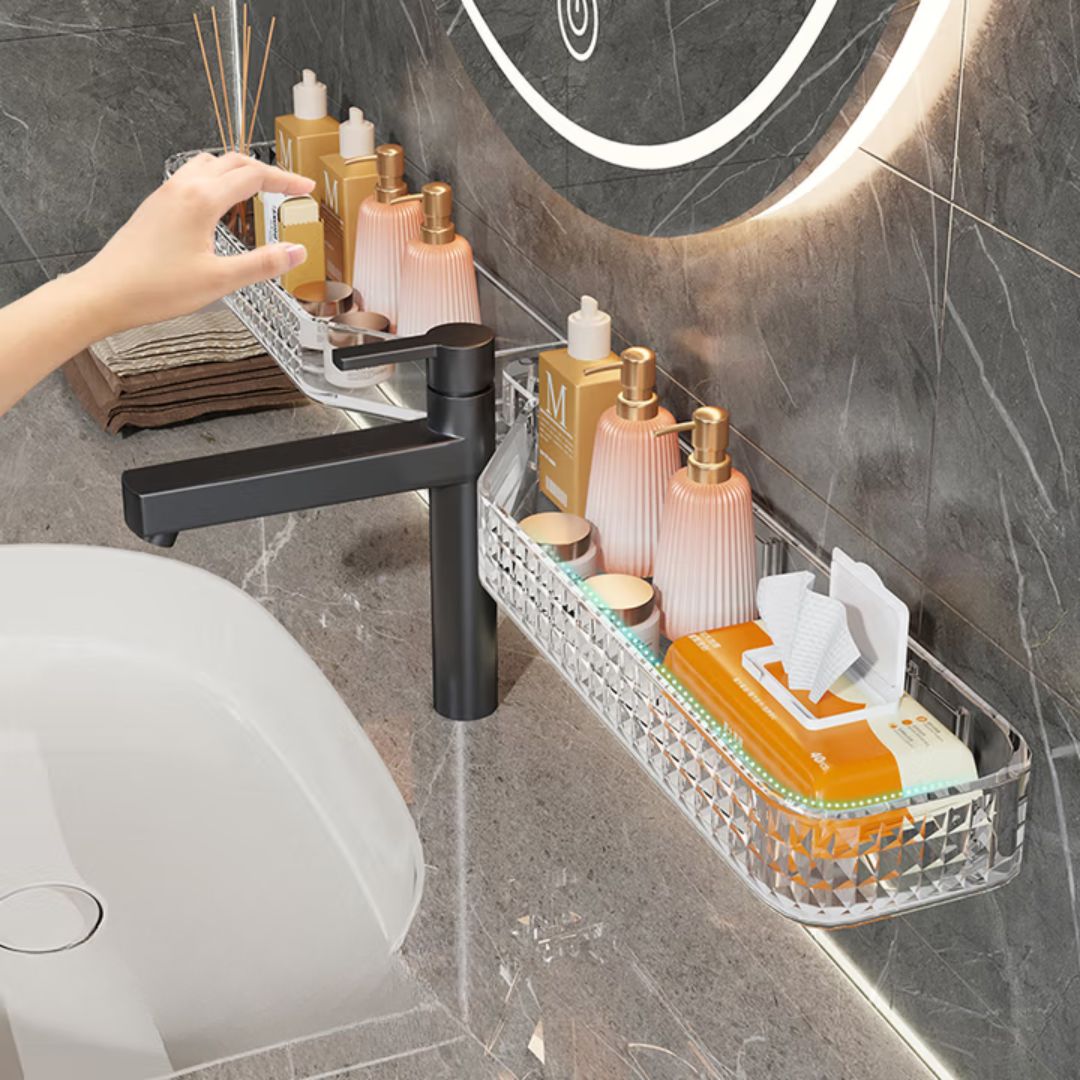 Multi-Functional Wall-Mounted Bathroom Organizer – Foldable Plastic Shelf Rack