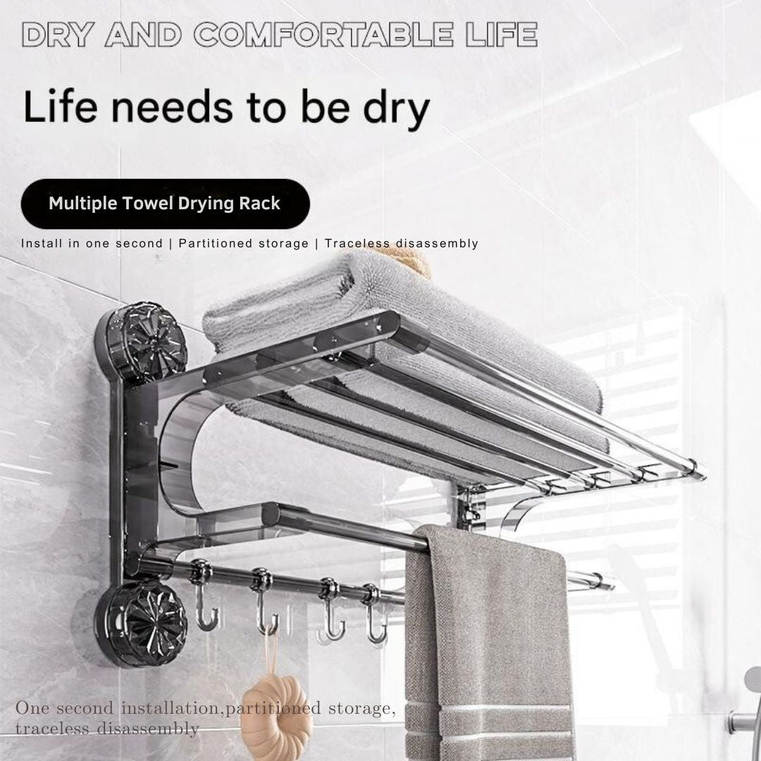 Suction Cup Wall-Mounted Towel Rack with Shelf & Hooks – No Drill