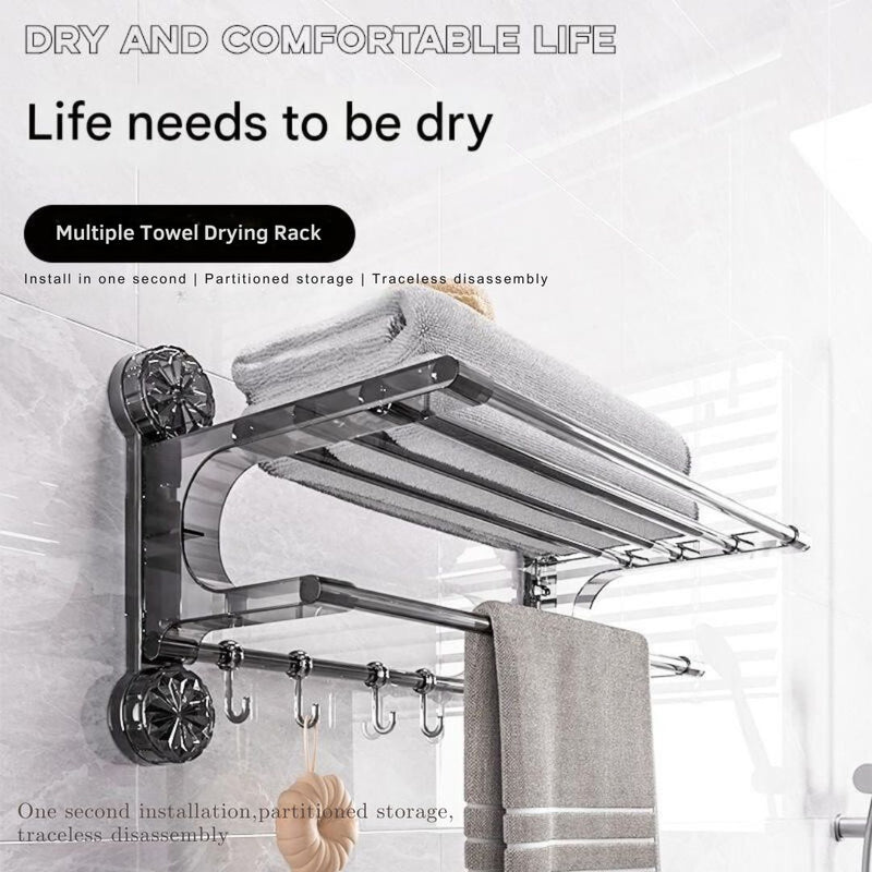 Suction Cup Wall-Mounted Towel Rack with Shelf & Hooks – No Drill