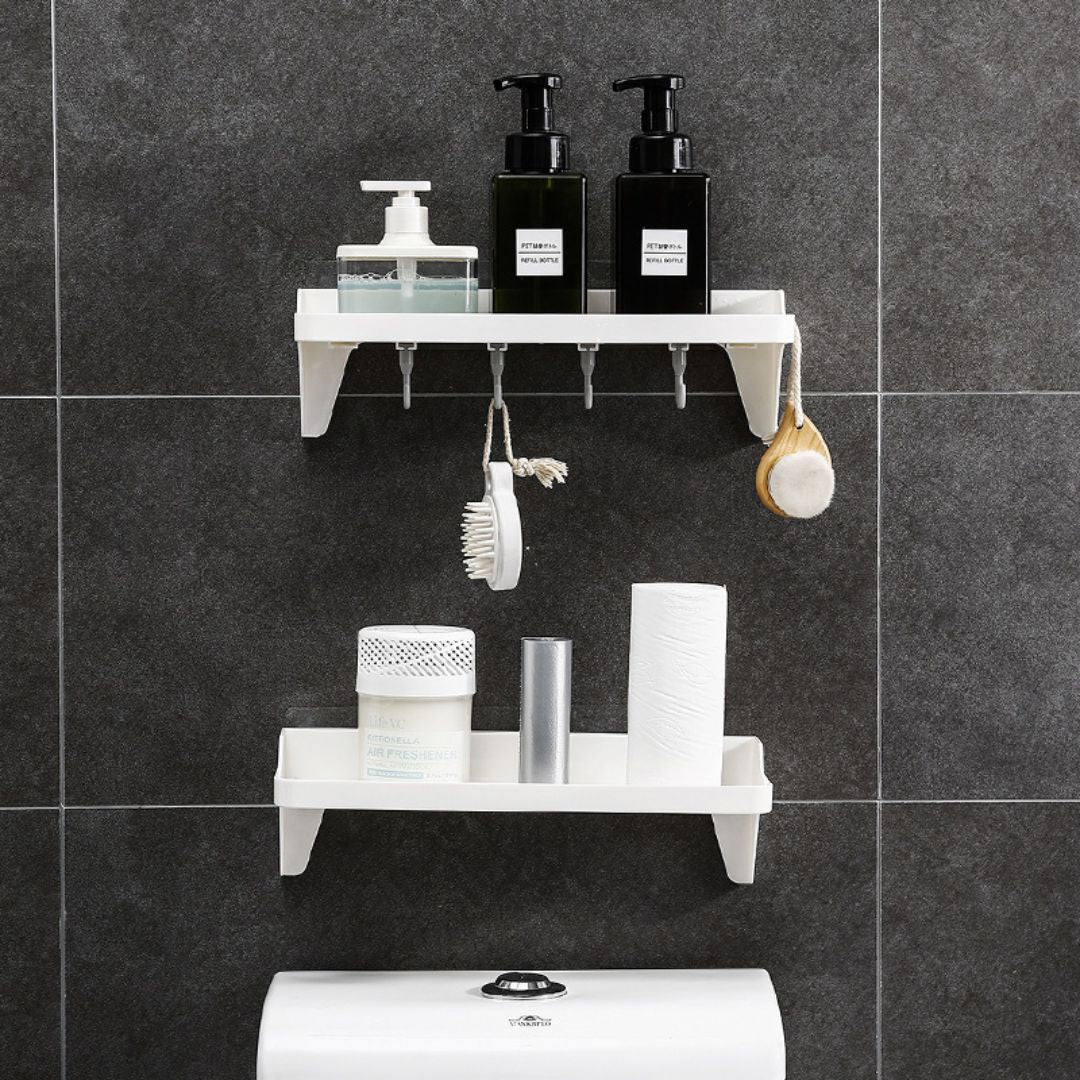 Adhesive Shower Storage Shelf Wall Mounted Kitchen Storage Rack with Hooks