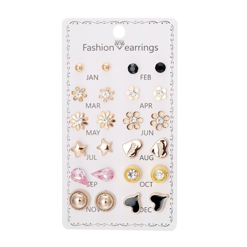 Elegant Crystal Flower Stud Earrings Set – 12 Pairs for Daily Wear