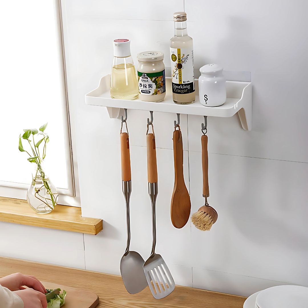 Adhesive Shower Storage Shelf Wall Mounted Kitchen Storage Rack with Hooks