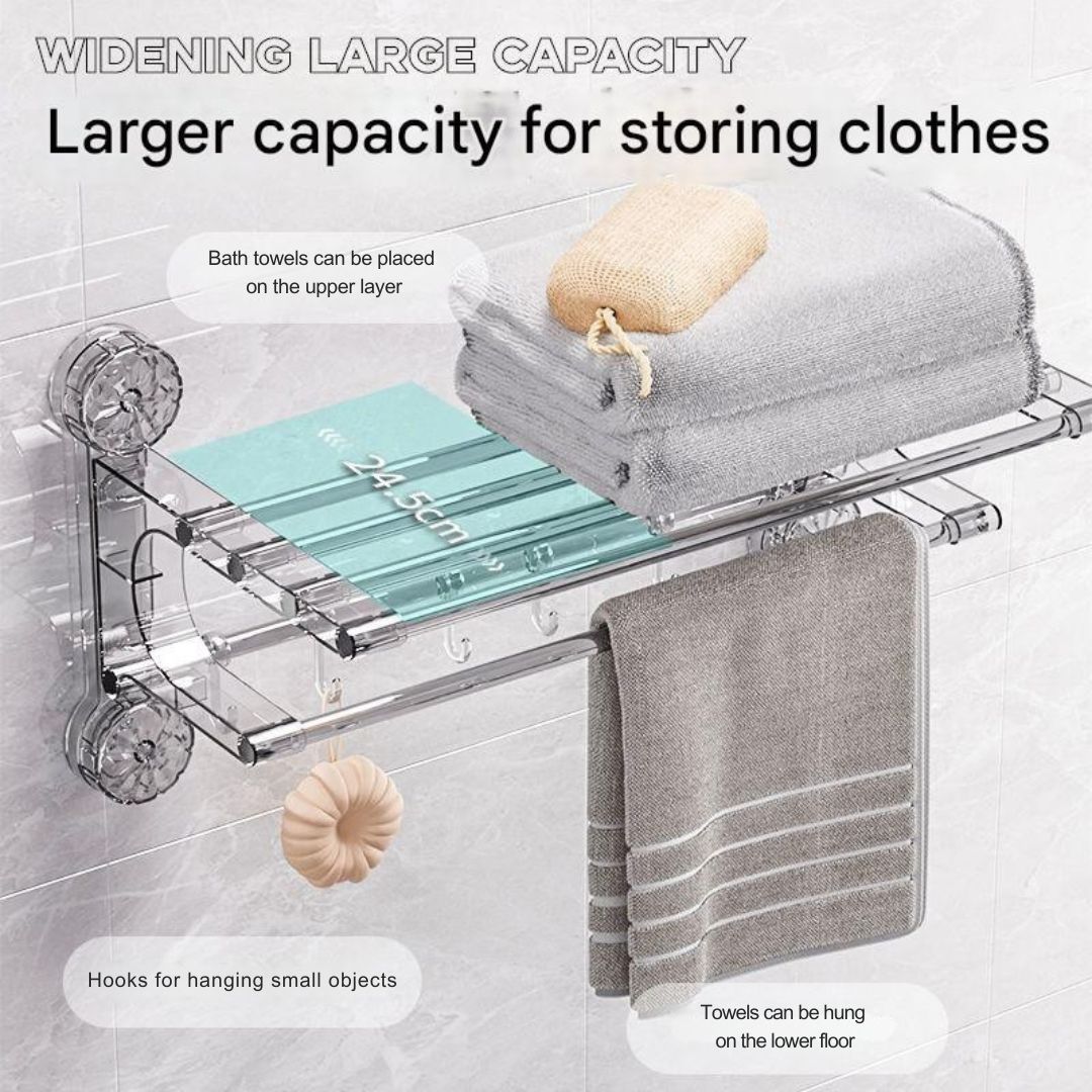 Suction Cup Wall-Mounted Towel Rack with Shelf & Hooks – No Drill