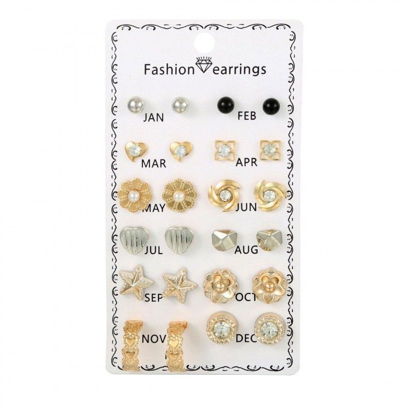 Elegant Crystal Flower Stud Earrings Set – 12 Pairs for Daily Wear