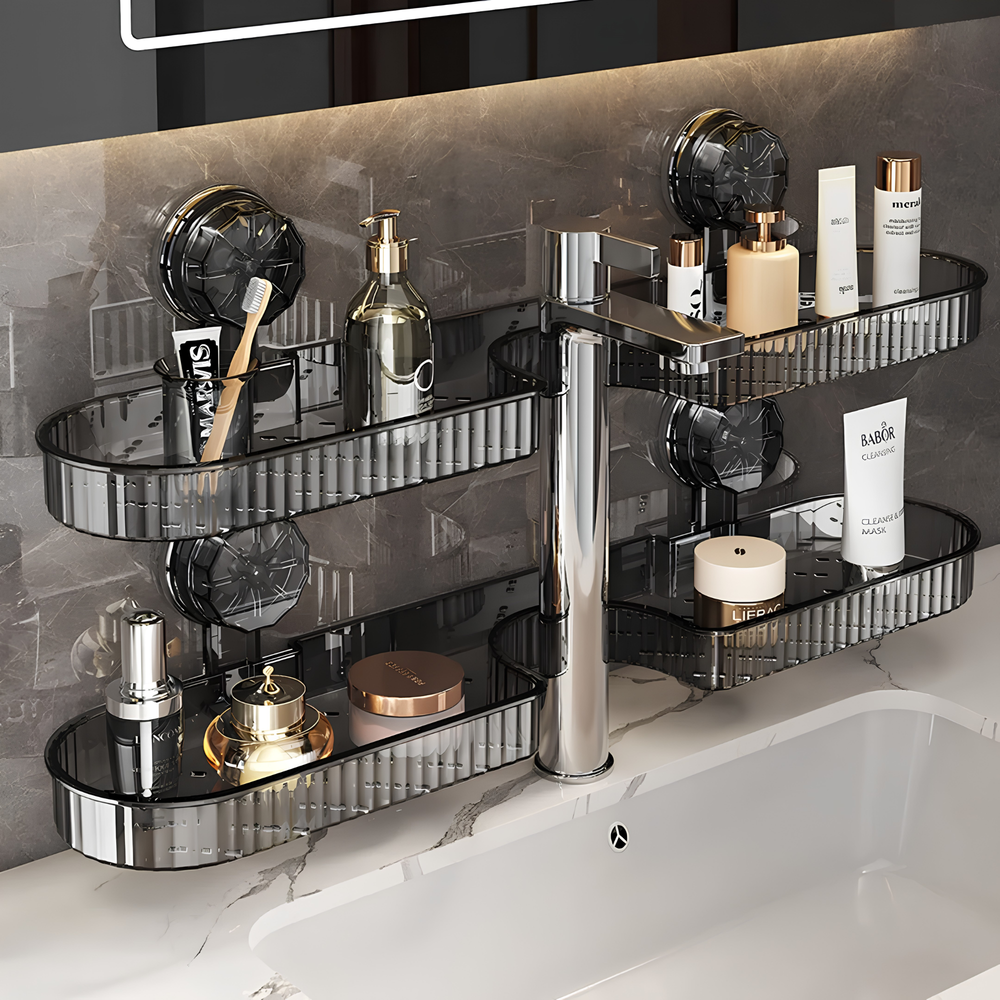 Suction Shelf for Sink Bathroom Storage Rack - Toothbrush Holder & Cosmetic Organizer