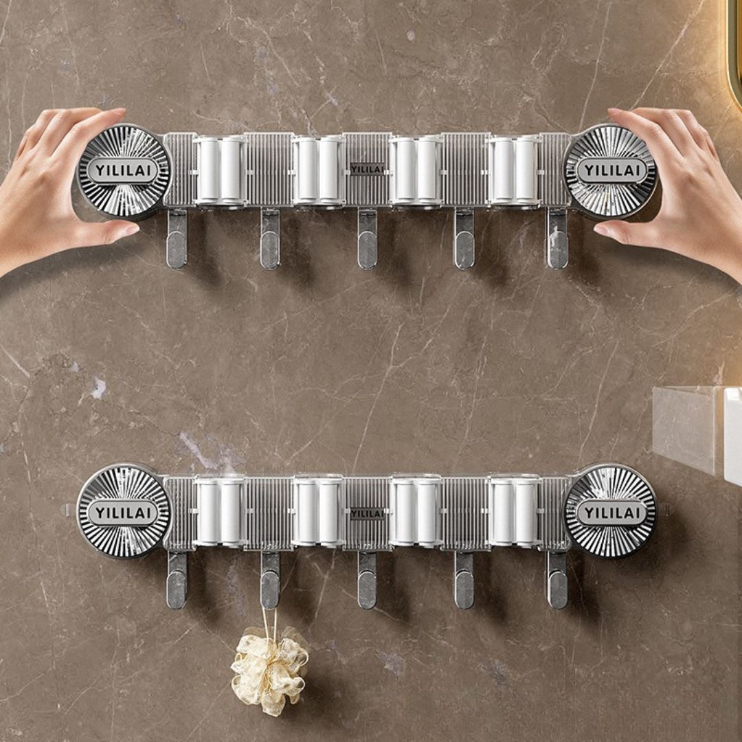 Wall-Mounted Mop & Broom Organizer – Suction Cup Rack with Hooks for Household Cleaning Storage
