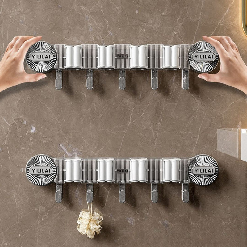 Wall-Mounted Mop & Broom Organizer – Suction Cup Rack with Hooks for Household Cleaning Storage