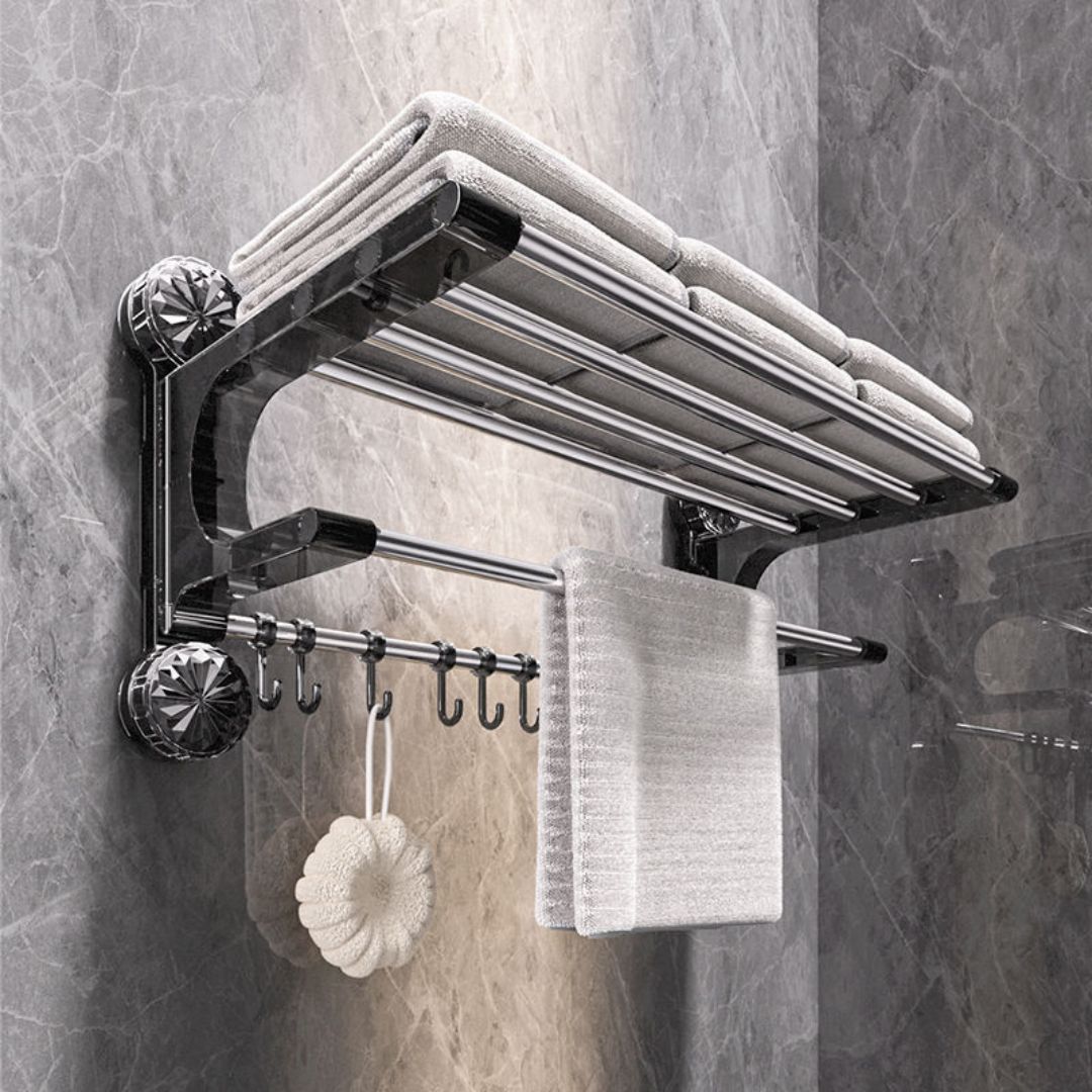 Suction Cup Wall-Mounted Towel Rack with Shelf & Hooks – No Drill