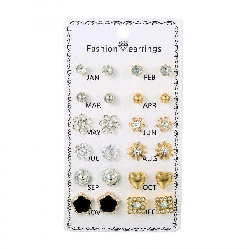 Elegant Crystal Flower Stud Earrings Set – 12 Pairs for Daily Wear