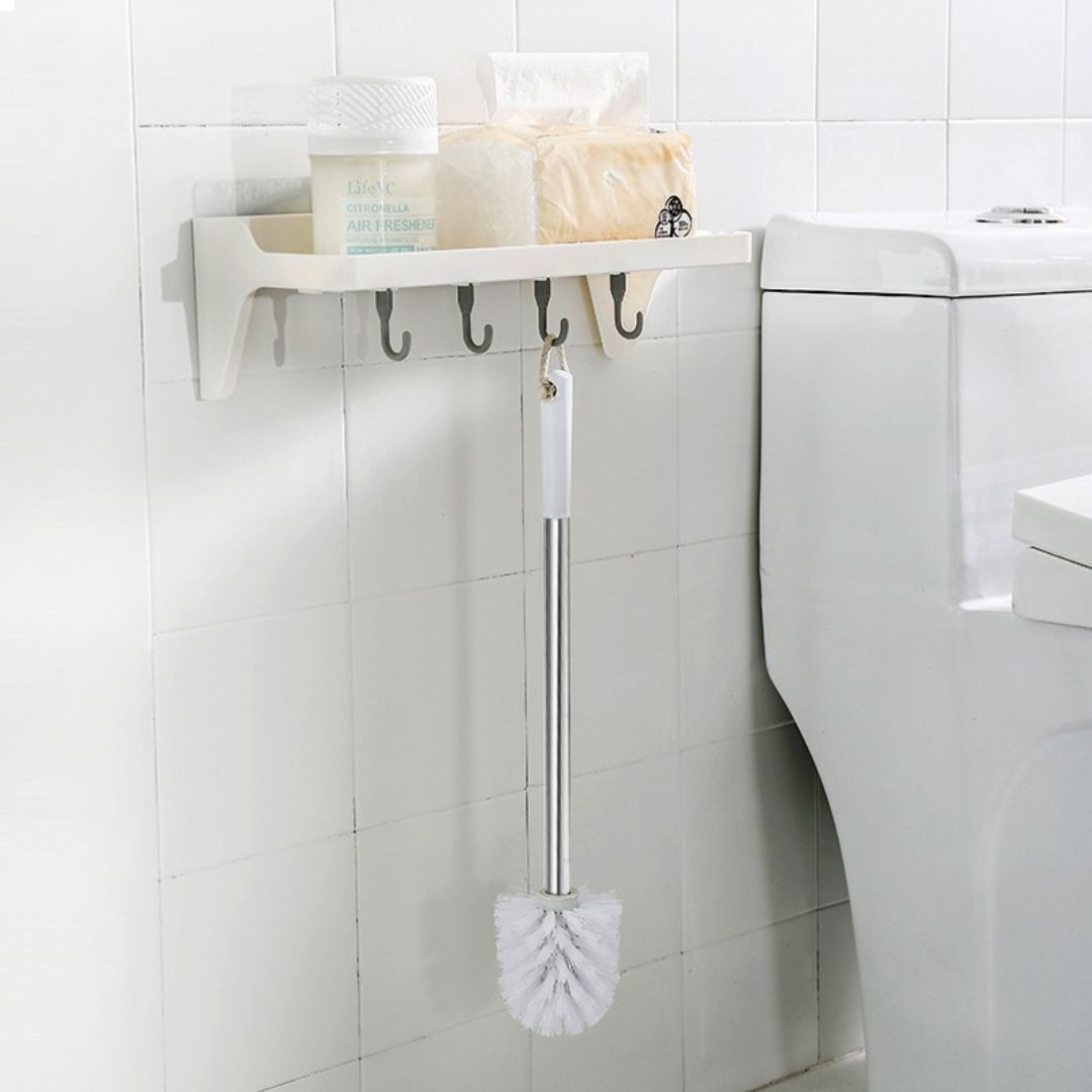 Adhesive Shower Storage Shelf Wall Mounted Kitchen Storage Rack with Hooks