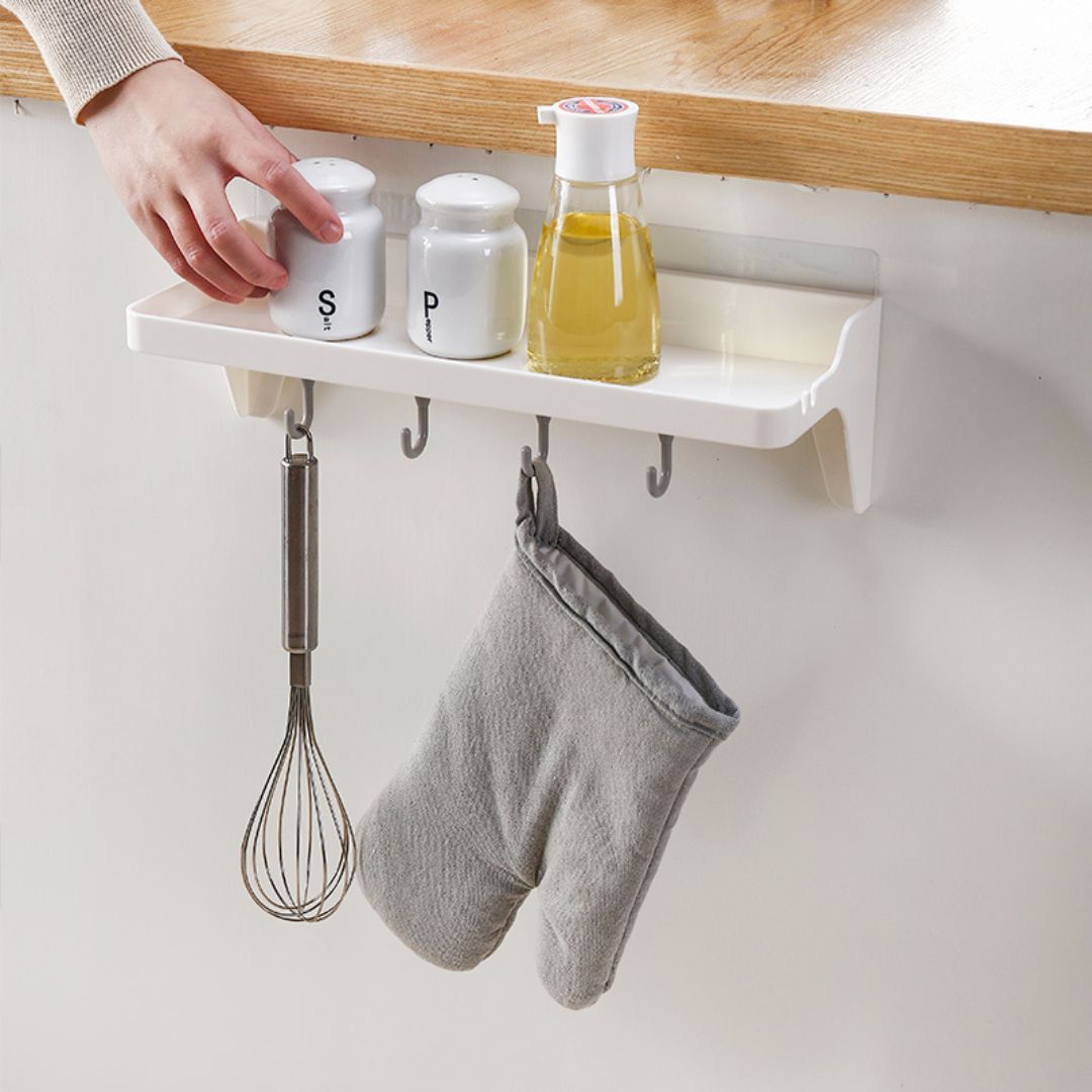 Adhesive Shower Storage Shelf Wall Mounted Kitchen Storage Rack with Hooks