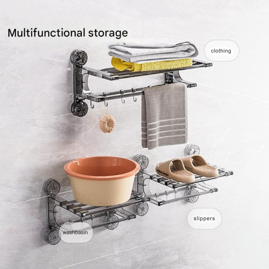 Suction Cup Wall-Mounted Towel Rack with Shelf & Hooks – No Drill