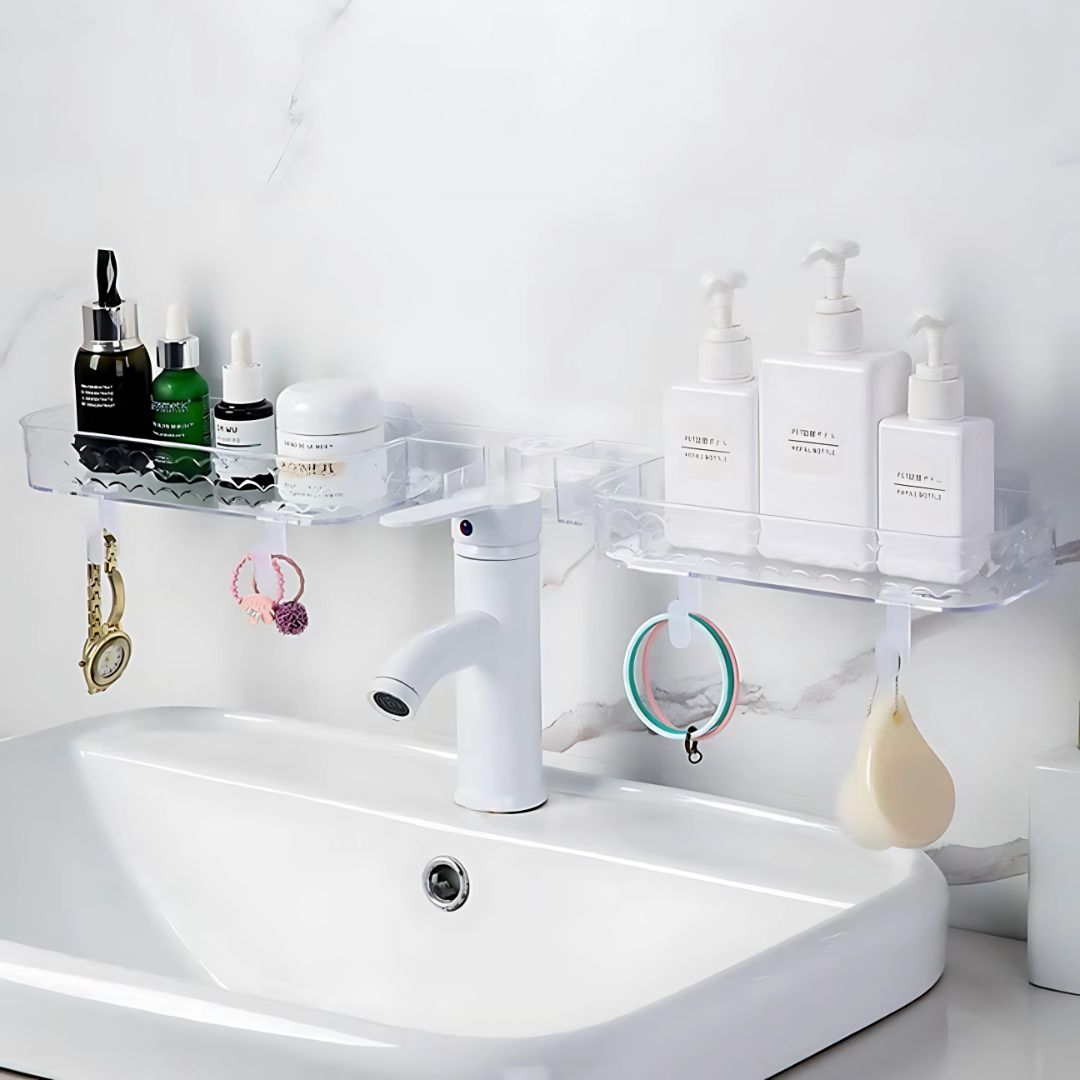 Multi-Functional Wall-Mounted Bathroom Organizer – Foldable Plastic Shelf Rack