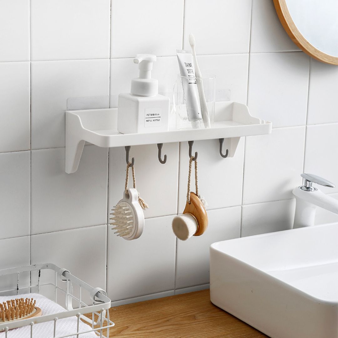 Adhesive Shower Storage Shelf Wall Mounted Kitchen Storage Rack with Hooks