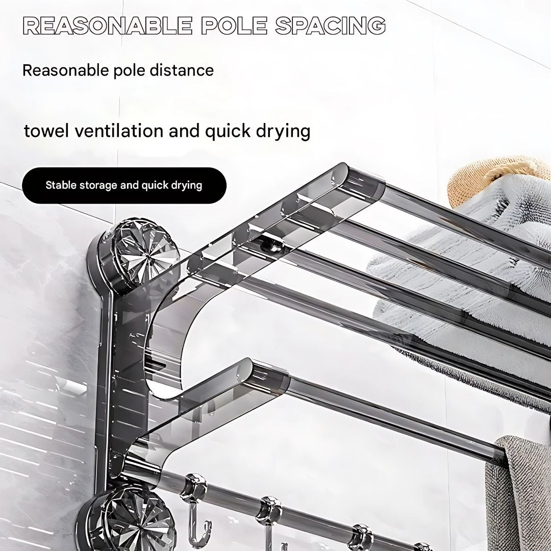 Suction Cup Wall-Mounted Towel Rack with Shelf & Hooks – No Drill