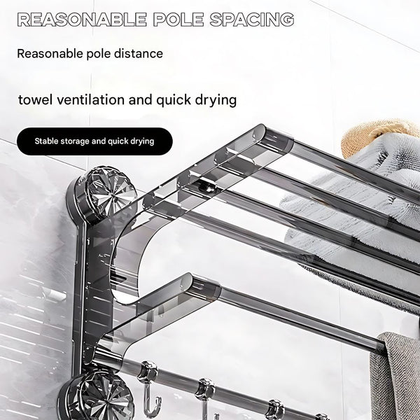 Suction Cup Wall-Mounted Towel Rack with Shelf & Hooks – No Drill