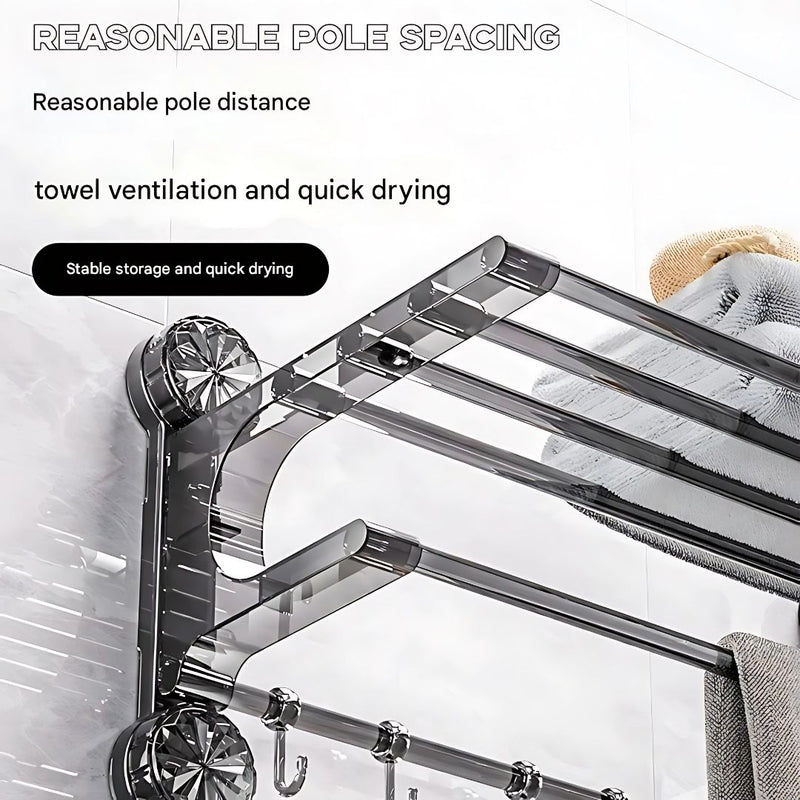 Suction Cup Wall-Mounted Towel Rack with Shelf & Hooks – No Drill