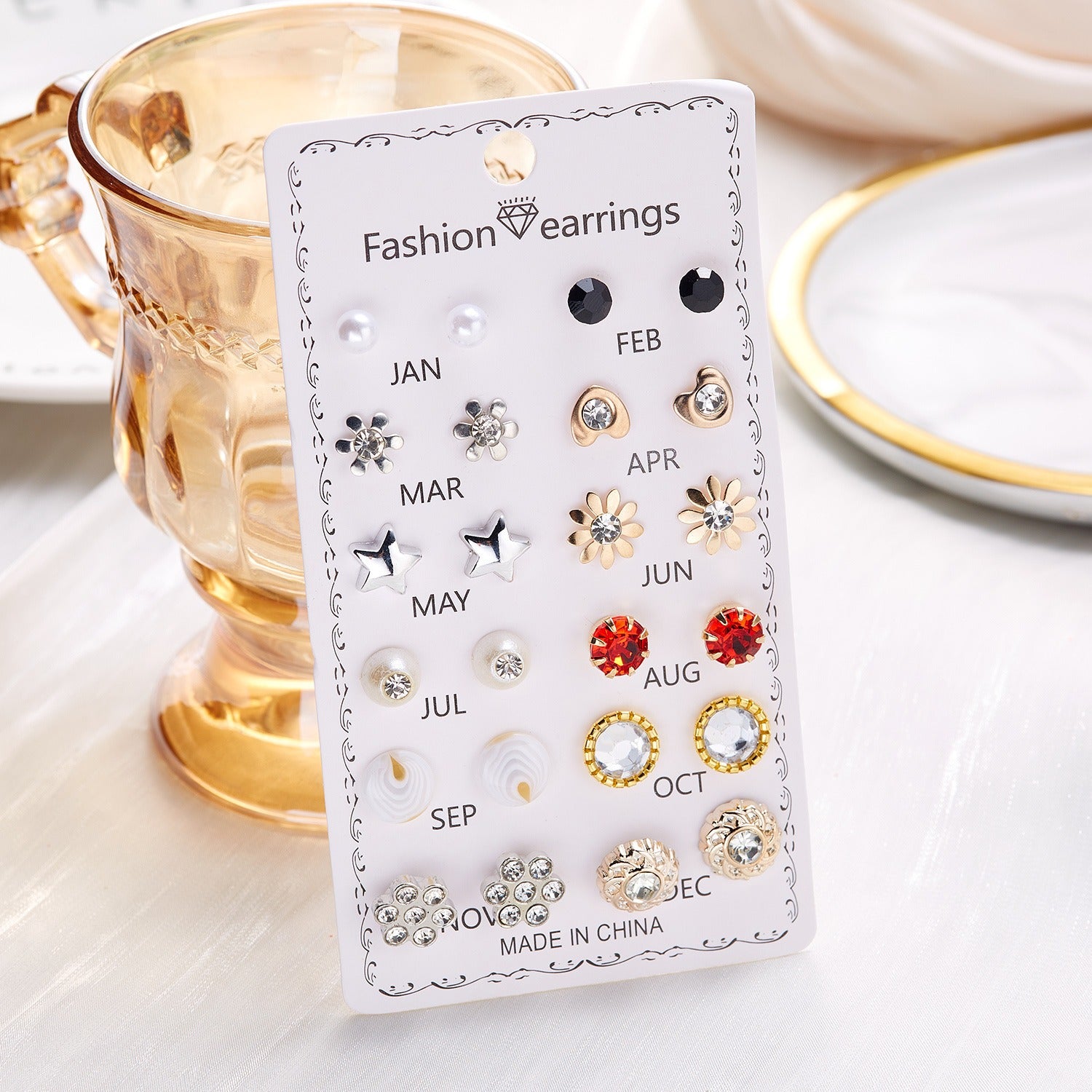 Elegant Crystal Flower Stud Earrings Set – 12 Pairs for Daily Wear