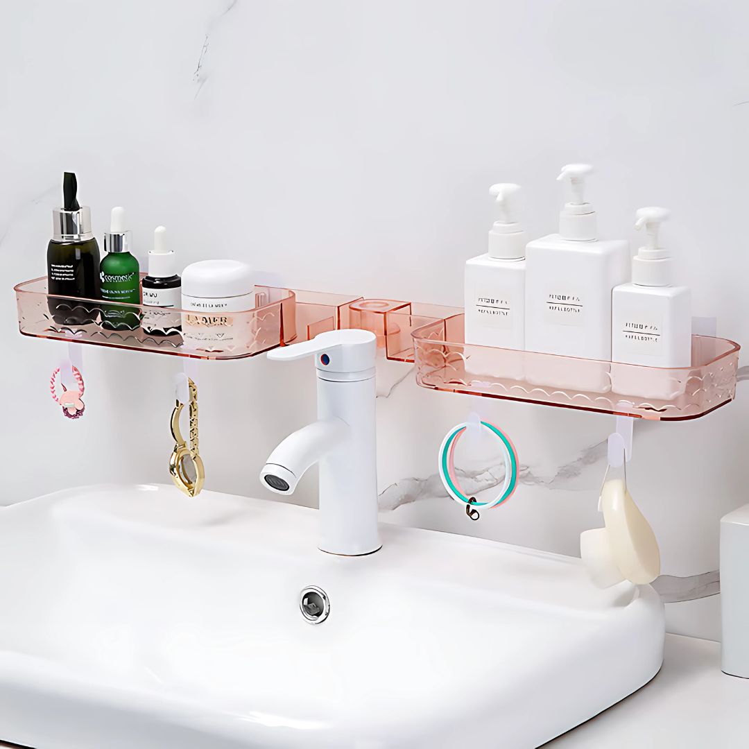 Multi-Functional Wall-Mounted Bathroom Organizer – Foldable Plastic Shelf Rack