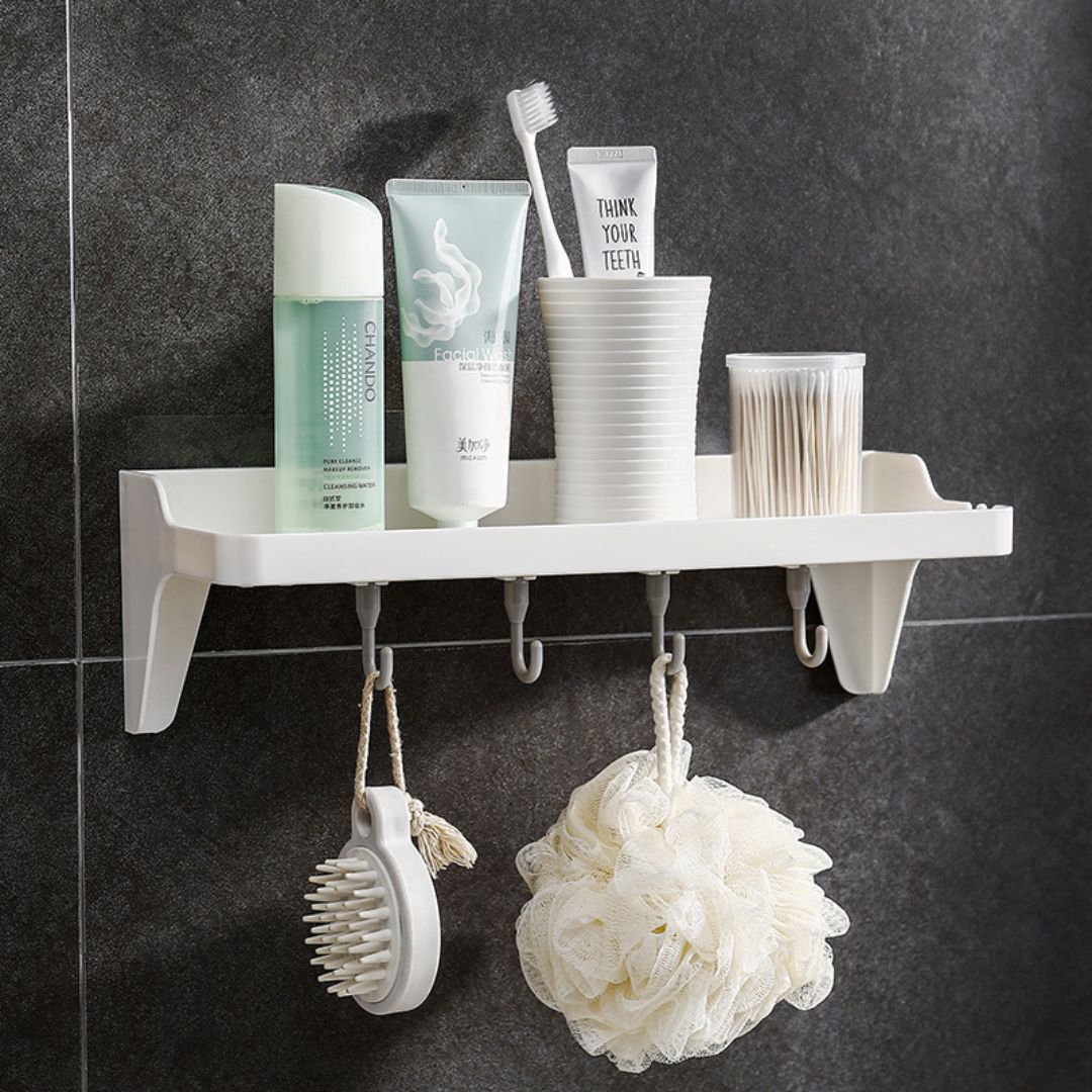 Adhesive Shower Storage Shelf Wall Mounted Kitchen Storage Rack with Hooks