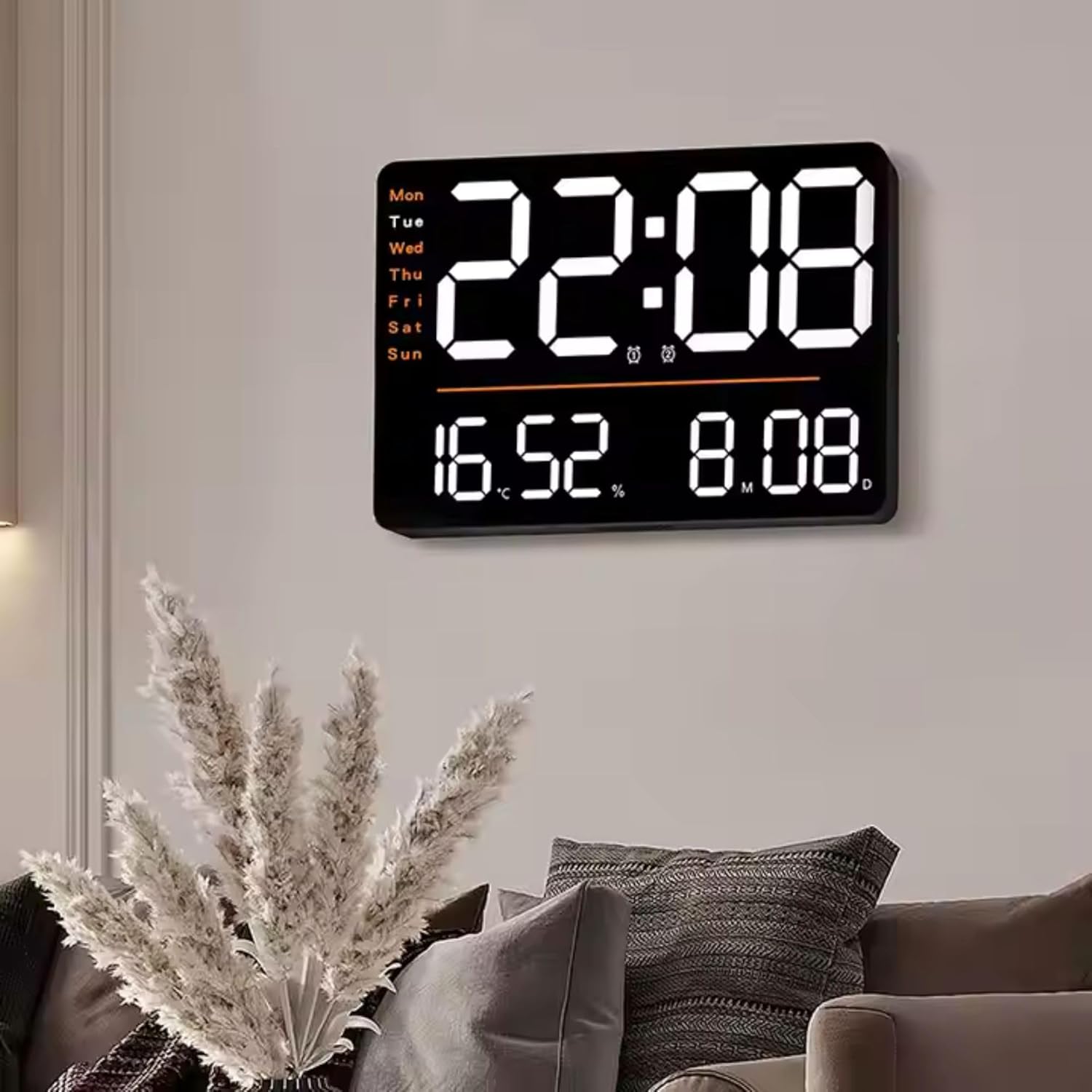 Modern Square Design Digital LED Alarm Clock with Mute Function and Week Display Large Size for Bedroom and Living Room Wall