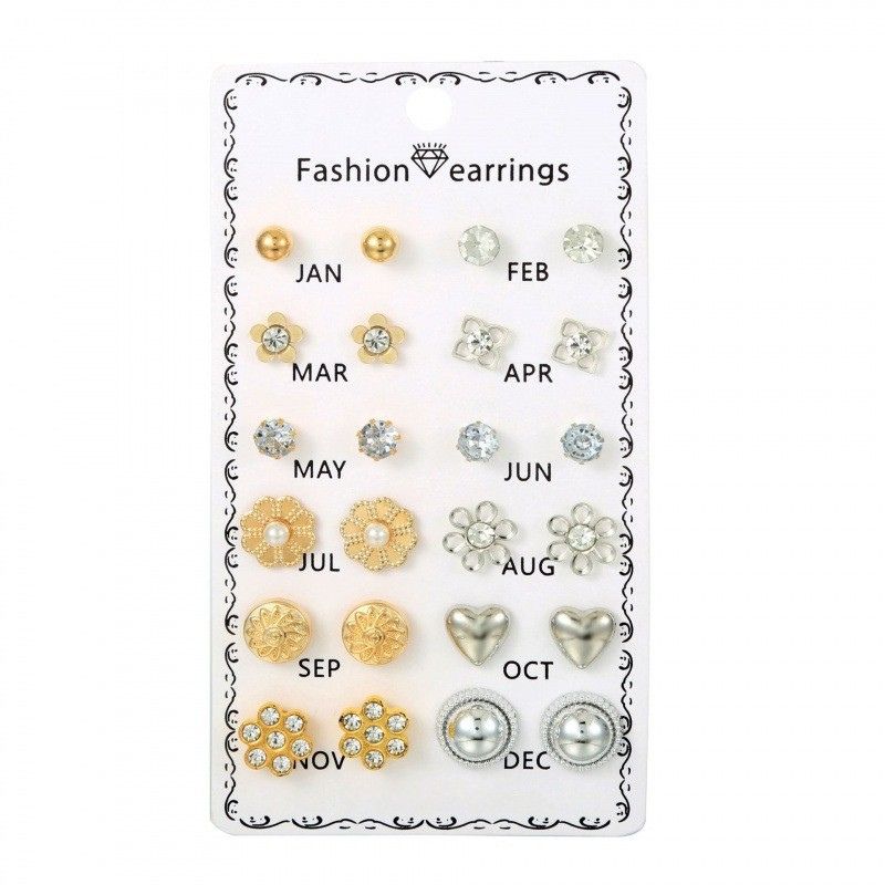 Elegant Crystal Flower Stud Earrings Set – 12 Pairs for Daily Wear