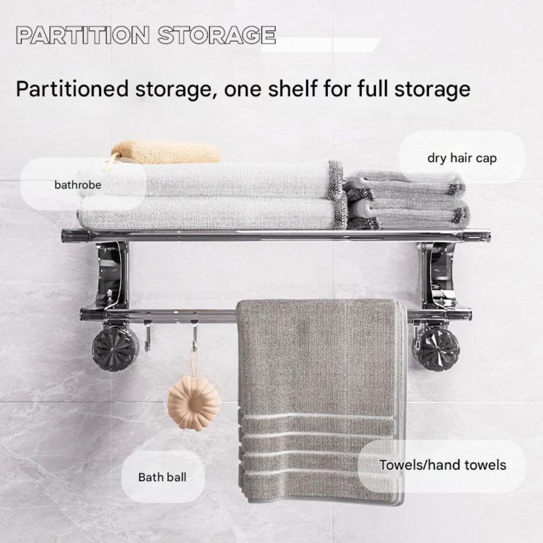 Suction Cup Wall-Mounted Towel Rack with Shelf & Hooks – No Drill