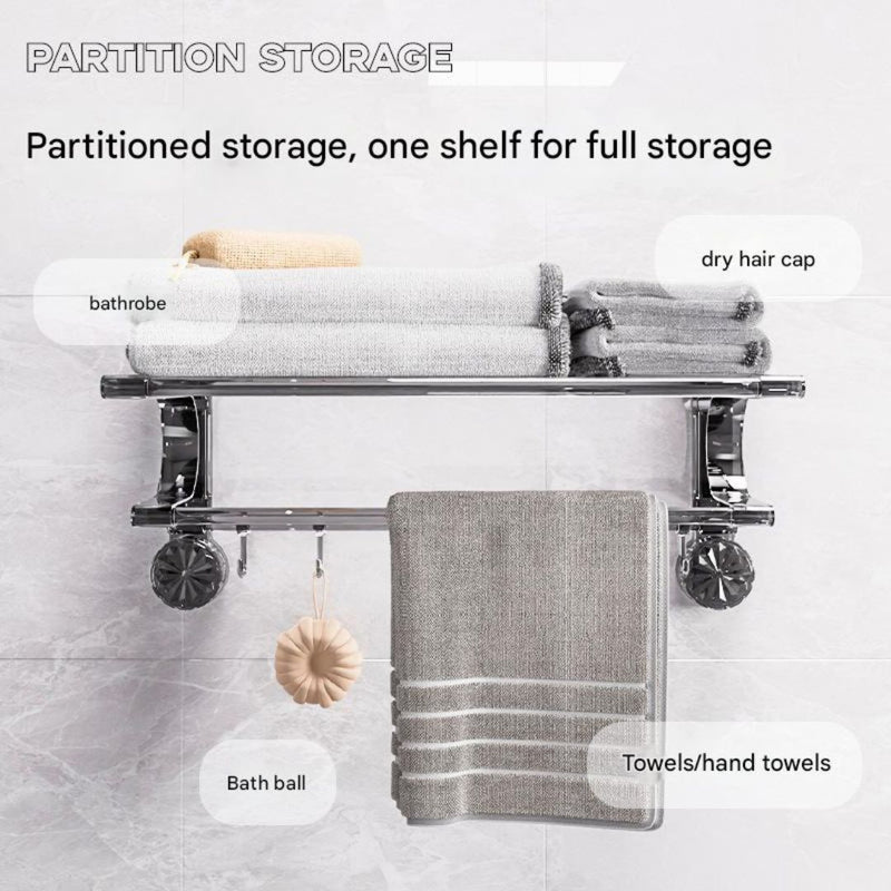 Suction Cup Wall-Mounted Towel Rack with Shelf & Hooks – No Drill