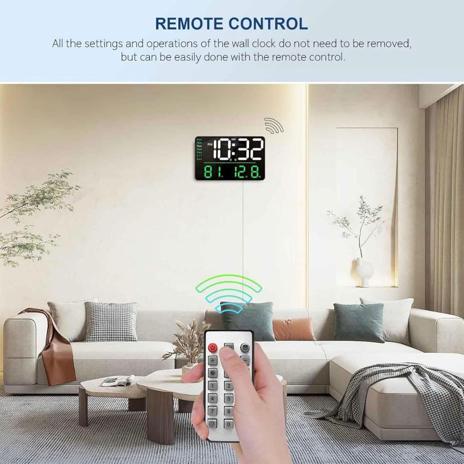 Modern Square Design Digital LED Alarm Clock with Mute Function and Week Display Large Size for Bedroom and Living Room Wall