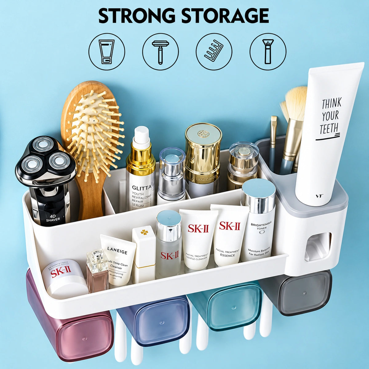 Wall-Mounted Bathroom Organizer – Toothbrush Holder & Cosmetic Storage Shelf