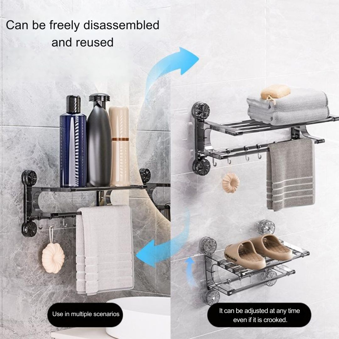 Suction Cup Wall-Mounted Towel Rack with Shelf & Hooks – No Drill