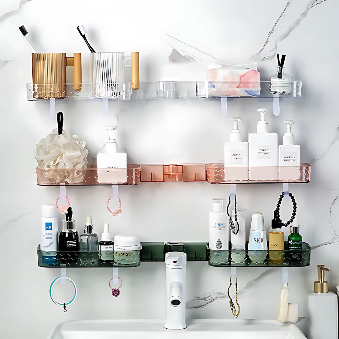 Multi-Functional Wall-Mounted Bathroom Organizer – Foldable Plastic Shelf Rack