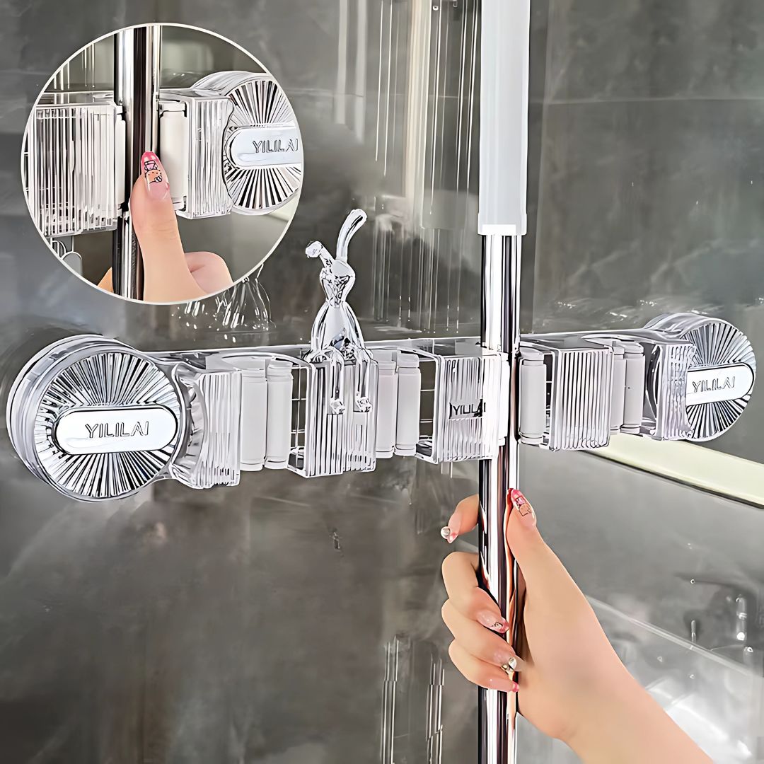 Wall-Mounted Mop & Broom Organizer – Suction Cup Rack with Hooks for Household Cleaning Storage