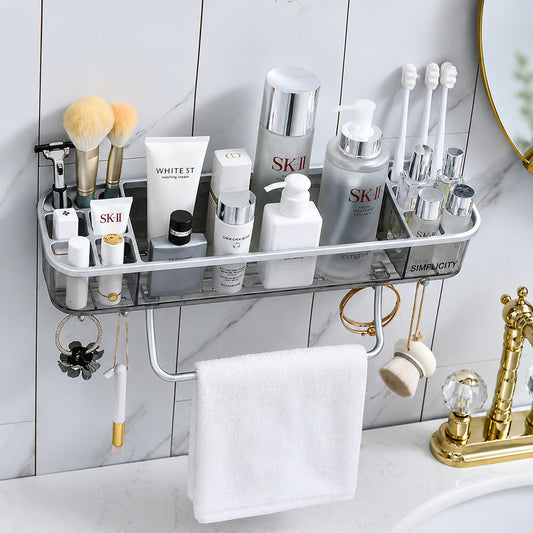 Adhesive Bathroom & Makeup Shelf with Towel Hanger – No-Drill Cosmetic Organizer