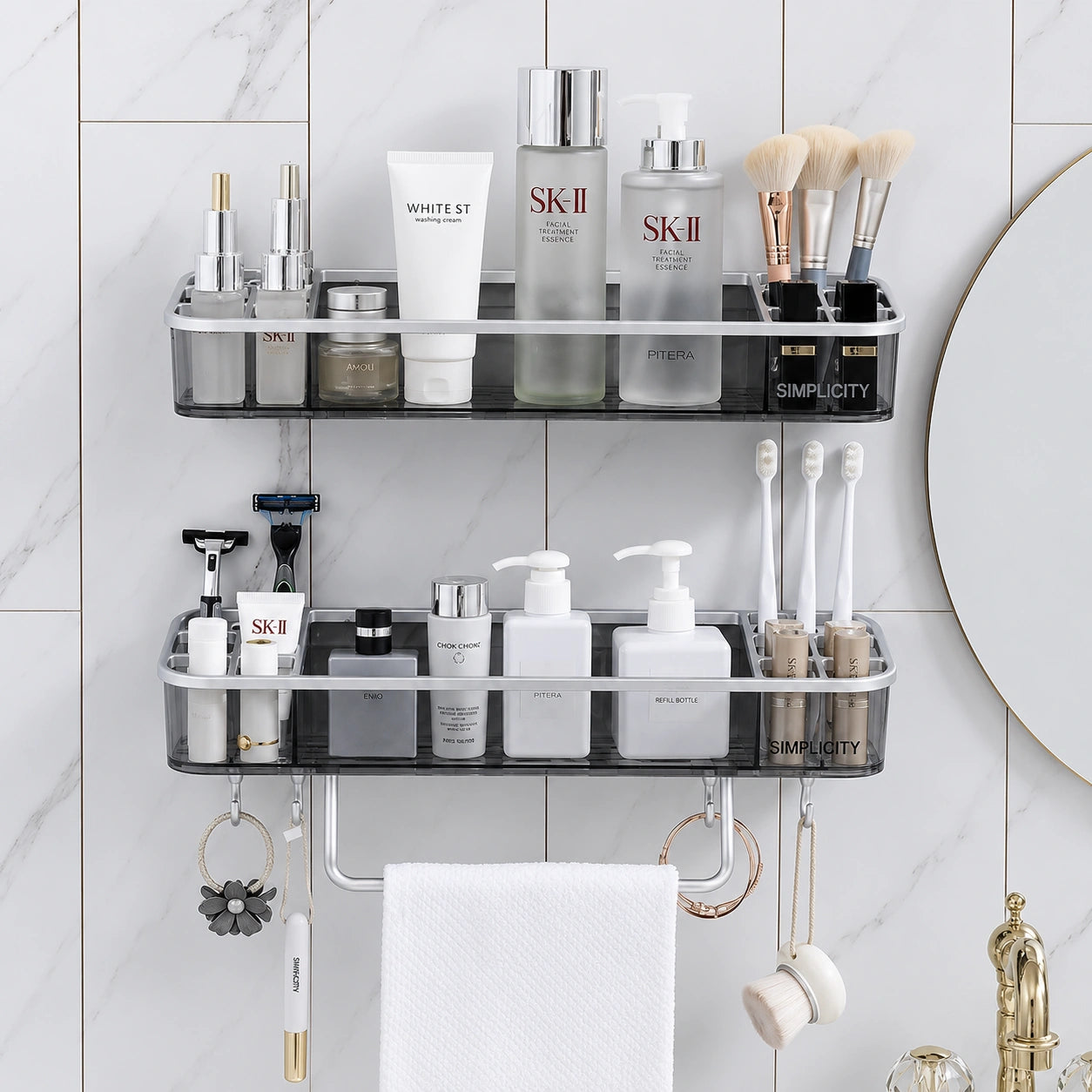 Adhesive Bathroom & Makeup Shelf with Towel Hanger – No-Drill Cosmetic Organizer