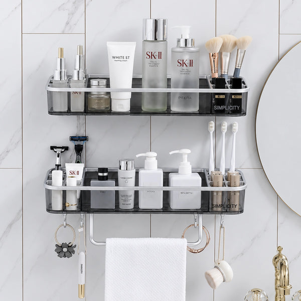 Adhesive Bathroom & Makeup Shelf with Towel Hanger – No-Drill Cosmetic Organizer