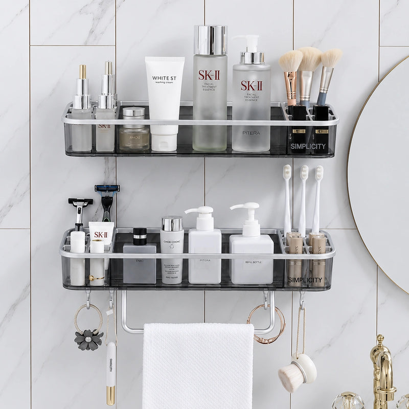 Adhesive Bathroom & Makeup Shelf with Towel Hanger – No-Drill Cosmetic Organizer