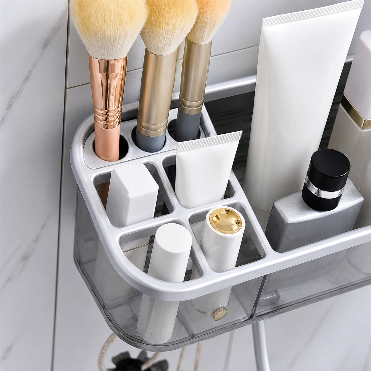 Adhesive Bathroom & Makeup Shelf with Towel Hanger – No-Drill Cosmetic Organizer