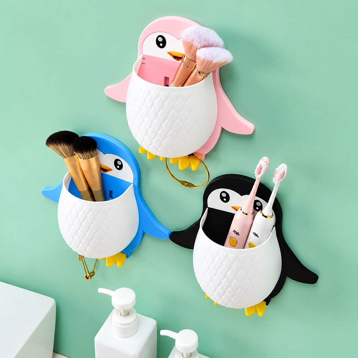 Cute Penguin Wall Storage Rack – 1-Tier Toothbrush & Cosmetic Organizer