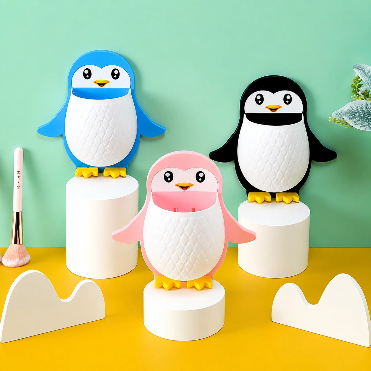 Cute Penguin Wall Storage Rack – 1-Tier Toothbrush & Cosmetic Organizer