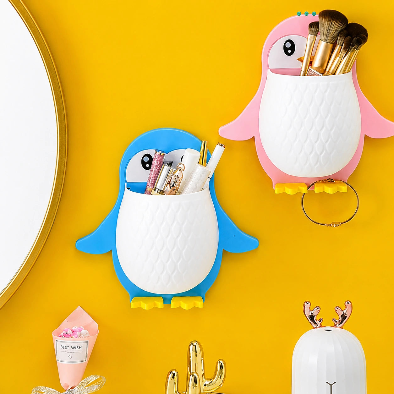 Cute Penguin Wall Storage Rack – 1-Tier Toothbrush & Cosmetic Organizer