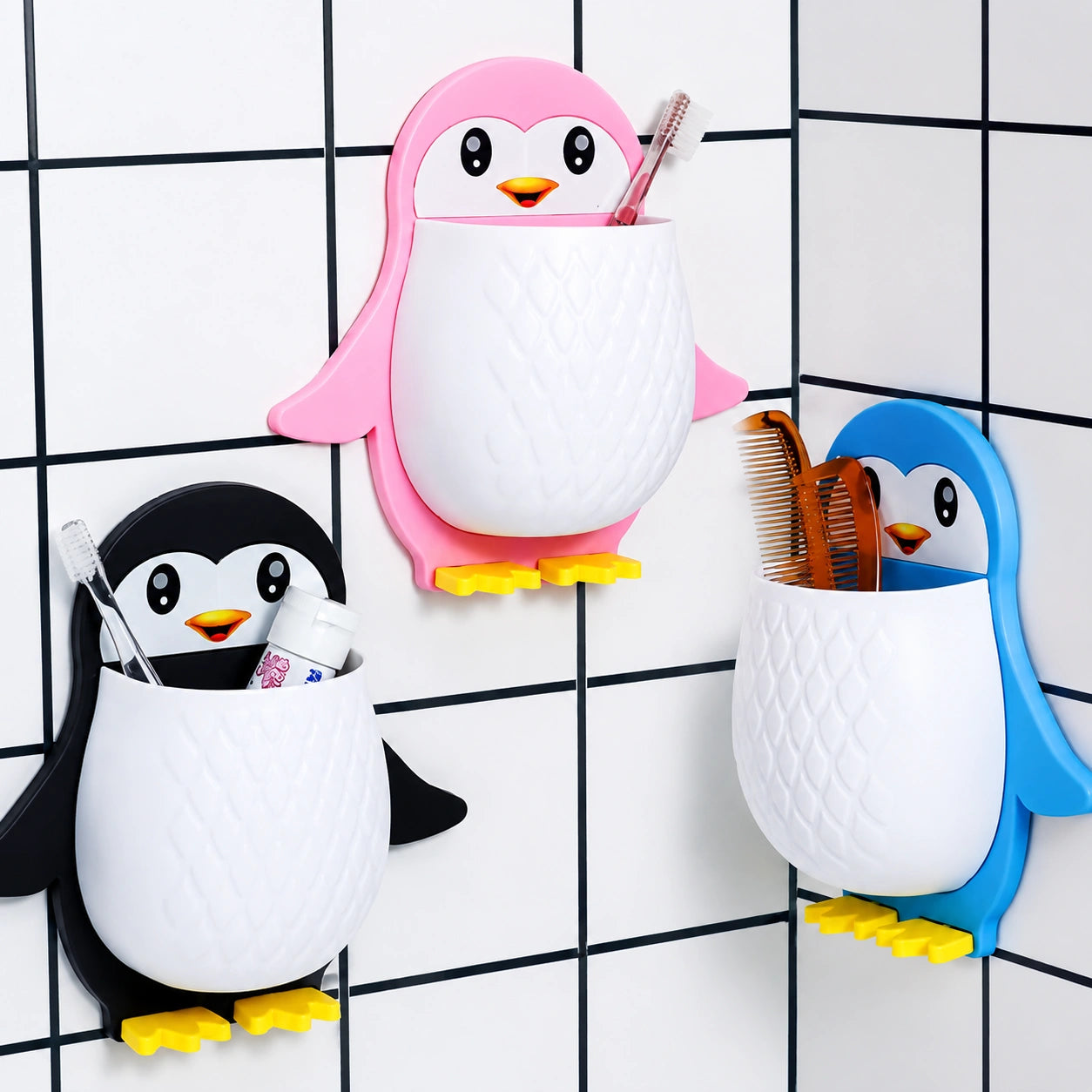 Cute Penguin Wall Storage Rack – 1-Tier Toothbrush & Cosmetic Organizer