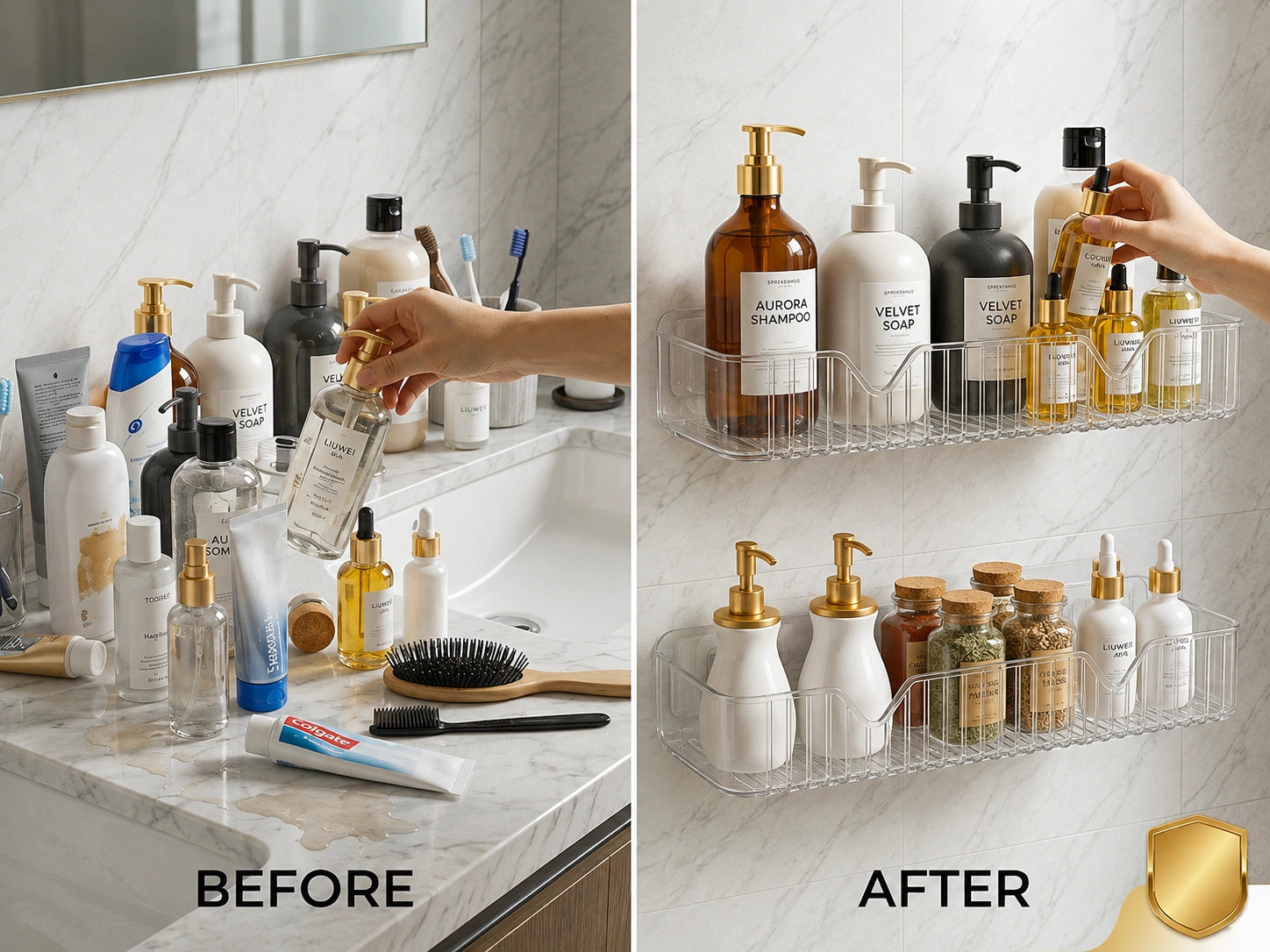 Luxury Bathroom Corner Shelf – No-Drill Shower Caddy & Toiletry Organizer
