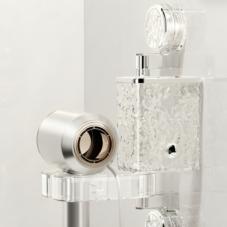 Bathroom Organiser Without Drill | Clear Plastic Toothbrush Holder & Hair Dryer Holder | Wall Mount | Self-Adhesive