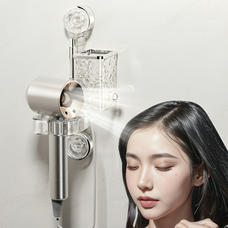 Bathroom Organiser Without Drill | Clear Plastic Toothbrush Holder & Hair Dryer Holder | Wall Mount | Self-Adhesive