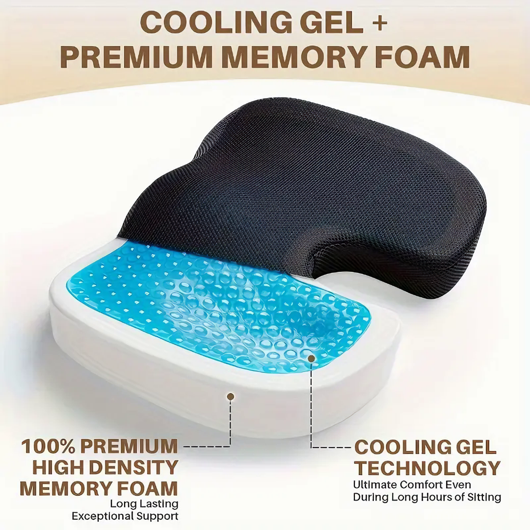 PrimeChoice™ Cooling Gel Memory Foam Seat Cushion - Slow Rebound for Hip Pressure Relief | Ideal for Office Chairs & Home Use | Easy-Clean Material