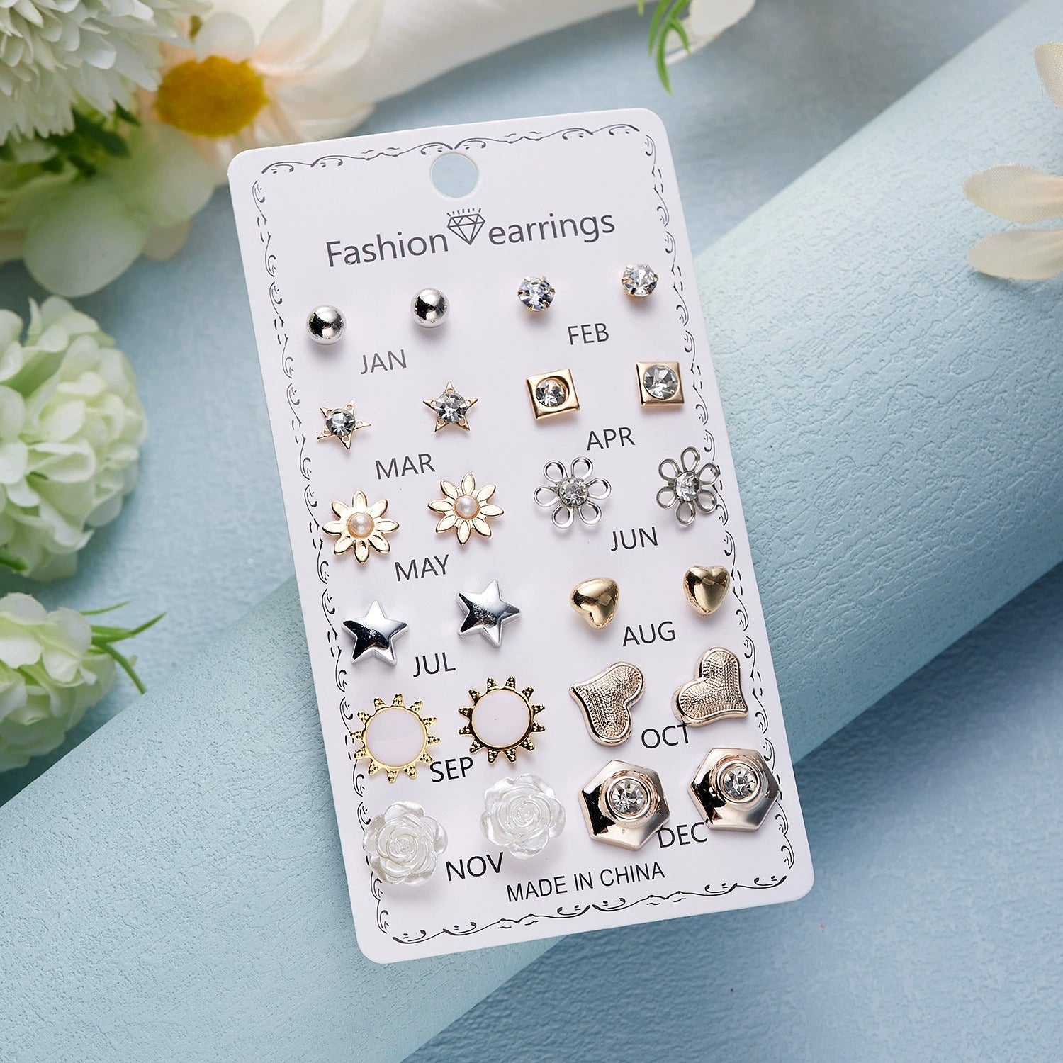 Elegant Crystal Flower Stud Earrings Set – 12 Pairs for Daily Wear